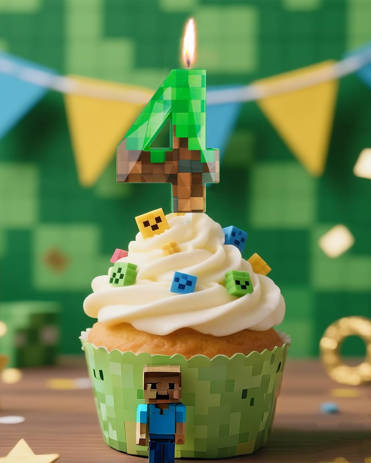 Pixel Birthday Candle, 2.68 Inch Miner Number Candles, Game Themed Candle Birthday Decoration for Pixel Theme Birthday Anniversary Dynamite Video Game Party (Green, 4)