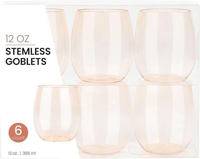 PLASTICPRO 6 Pack Peach Color Plastic Wine Glasses Stemless Disposable 12 oz BPA Free Shatterproof Plastic Wine Cups Wine Glasses for Parties