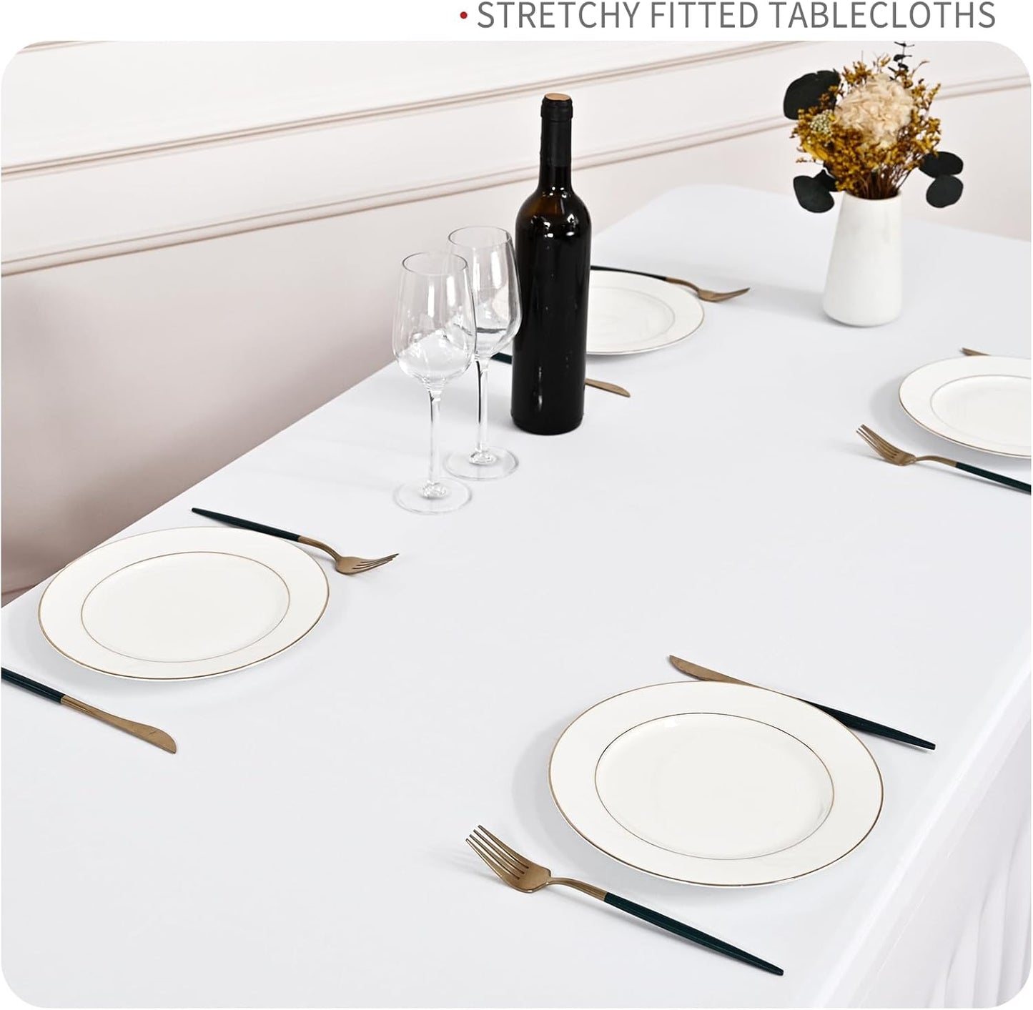 6 Packs White Stretch Table Skirts for 8 Foot Rectangle Table, Washable Spandex Stretch Tablecloths with Skirt, Wrinkle Resistant Fitted Tablecover for Wedding Party Banquet