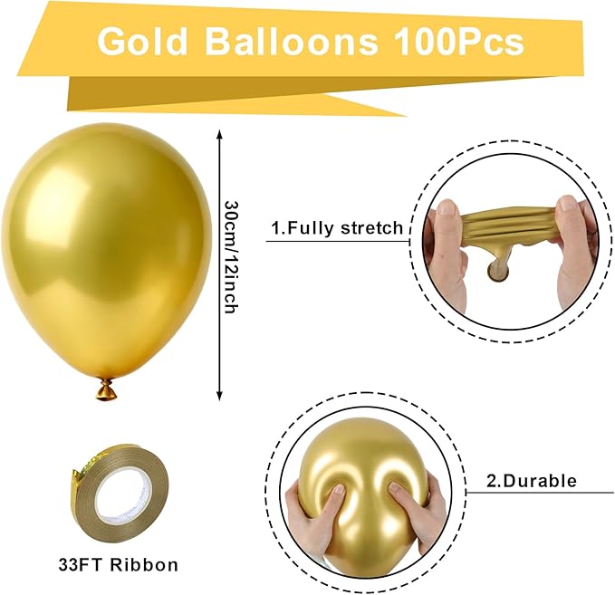 Gold Metallic Chrome Latex Balloons 100 Pack 12 Inch Gold Round Balloons for Baby Shower Wedding Valentines Day Anniversary Graduation Golden Birthday Bridal Shower Retirement Casino Party Decorations