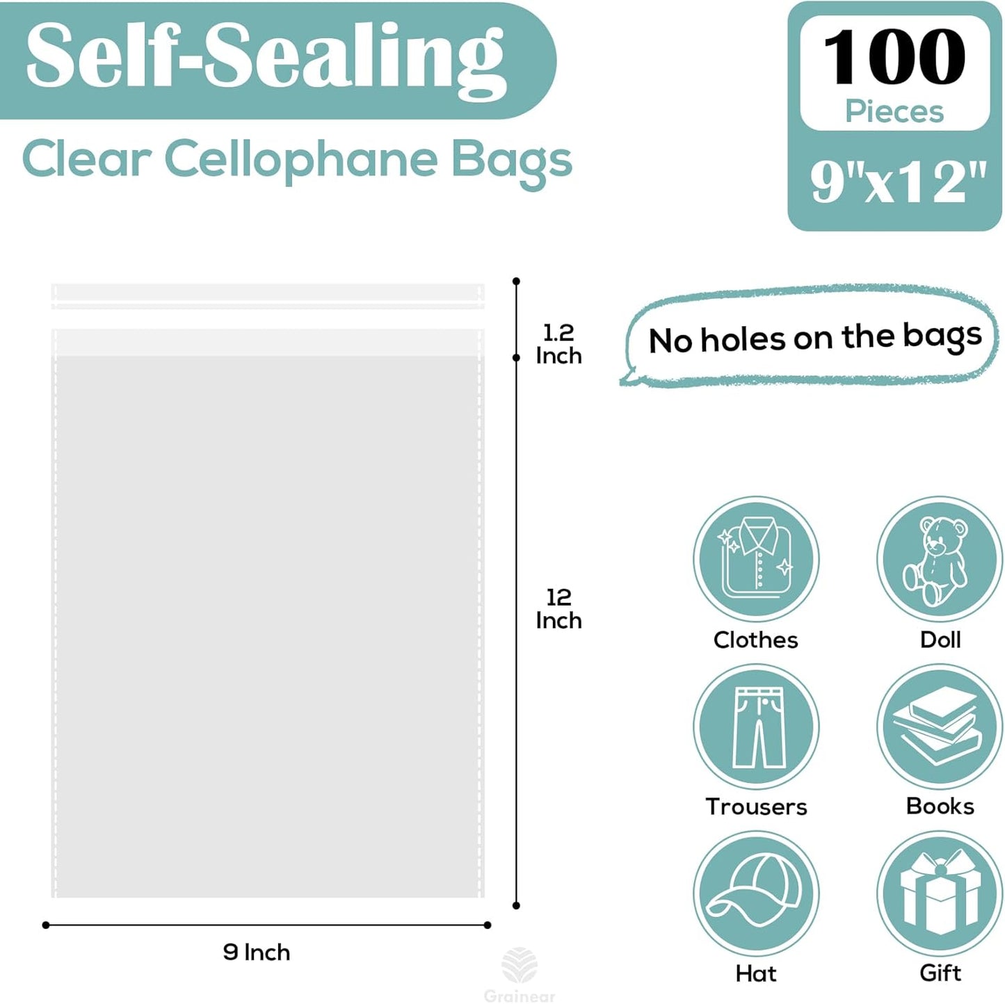 9x12" Self-Sealing Cellophane Bags (100 Pack) – Clear Plastic Bags for Packaging Watercolor Paintings, Documents, T-Shirts, Clothes, Magazines & Party Favors