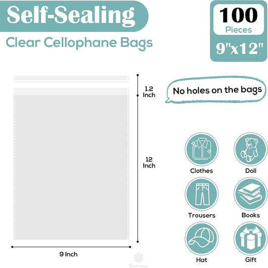 9x12" Self-Sealing Cellophane Bags (100 Pack) – Clear Plastic Bags for Packaging Watercolor Paintings, Documents, T-Shirts, Clothes, Magazines & Party Favors
