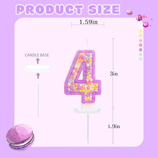 Birthday Candles - Number 4 Candle, Colorful Macaron Candles for Boys/Girls, Purple Party Decorations, Purple Cake Decorations