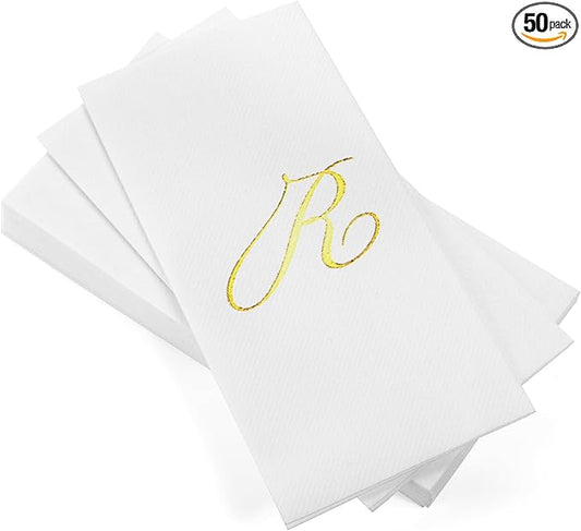 AH AMERICAN HOMESTEAD Disposable Hand Towels for Bathroom - Guest Bathroom Essentials -Bathroom Paper Towels for Guests - Monogrammed Disposable Napkins - Wedding Napkins in Paper Towel Tray (Gold, R)