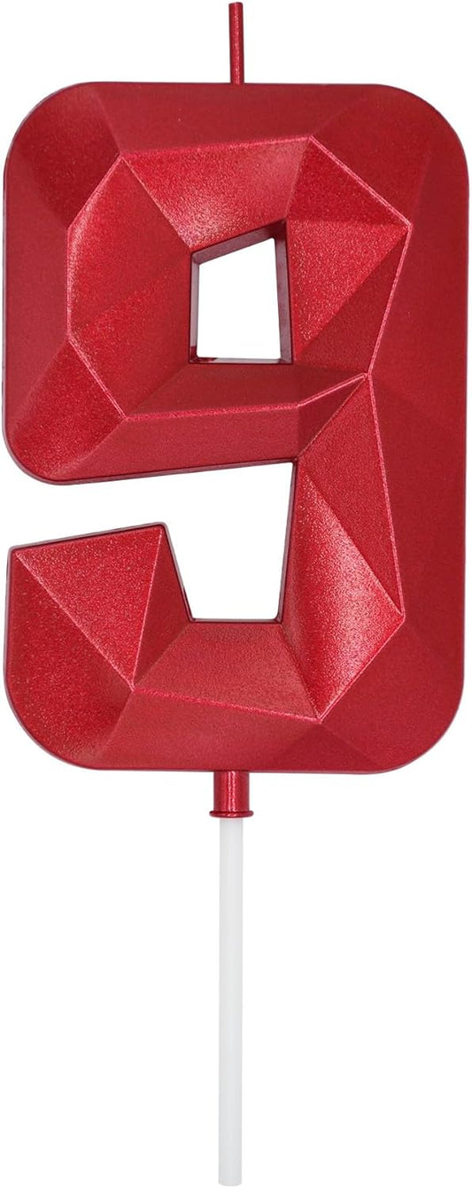 DERVENTA Large Birthday Candle Number 3D Red 3.7 inch Party Celebration Anniversary Decoration Cake Topper 1 Piece (Number 9 Red)