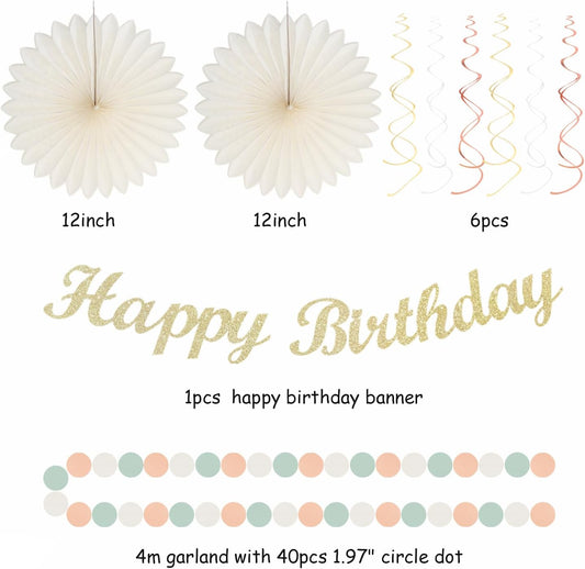 Sage-Green Pink First Happy Birthday Party-Decorations - 22pcs 18th Women Girls Paper Lanterns Streamers Banner Pom Poms,Spring Boho Aesthetic Bohemian Pastel Neutral Decor Backdrop Supplies Hugmoon