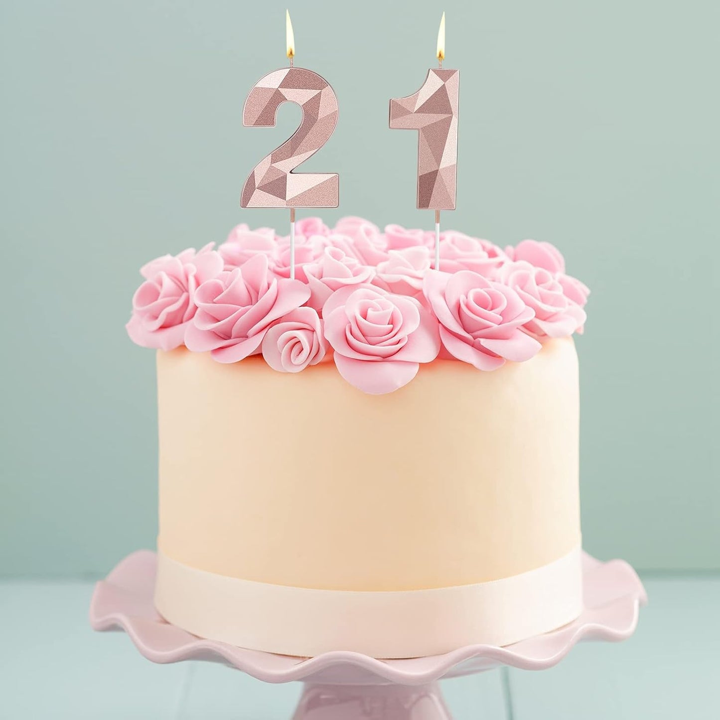 Nuanchu 21st &12th Number Birthday Candles 3D Diamond Shape Numeral Candles Happy Birthday 21 Cake Topper for Wedding Decoration Theme Party Anniversary, 2 Inch (Rose Gold)