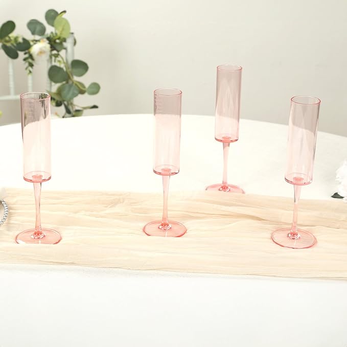 Efavormart 6 Pack Transparent Blush Reusable Plastic Champagne Flute Glasses in Cylindrical Shape, 6oz Wine Mimosa Glass Goblets with Long Stems - 9.5" Tall