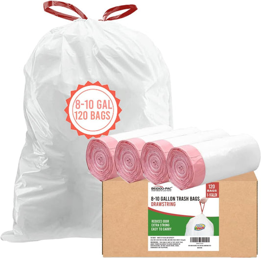 Trash Bags 8-10 Gallon Drawstring, 120 Count, Multifold Roll Garbage Bags, Large Kitchen Trash Bags, Odorless & Heavy Duty White Plastic Food Scrap Bags for Bathroom Bedroom Office Waste