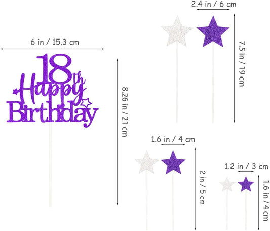 Glittery 18th Happy Birthday Cake Topper with Star,Personalised 18 Birthday Cake Toppers Party Decorations Party Supplies for Boys Girls Purple Silver