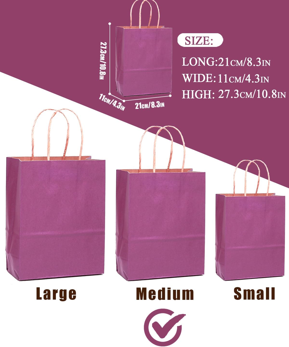 qiqee 100PCS Gift Bag with Handles Bulk Purple Paper Bags Multiple Uses (11"x5"x8" Medium Size)