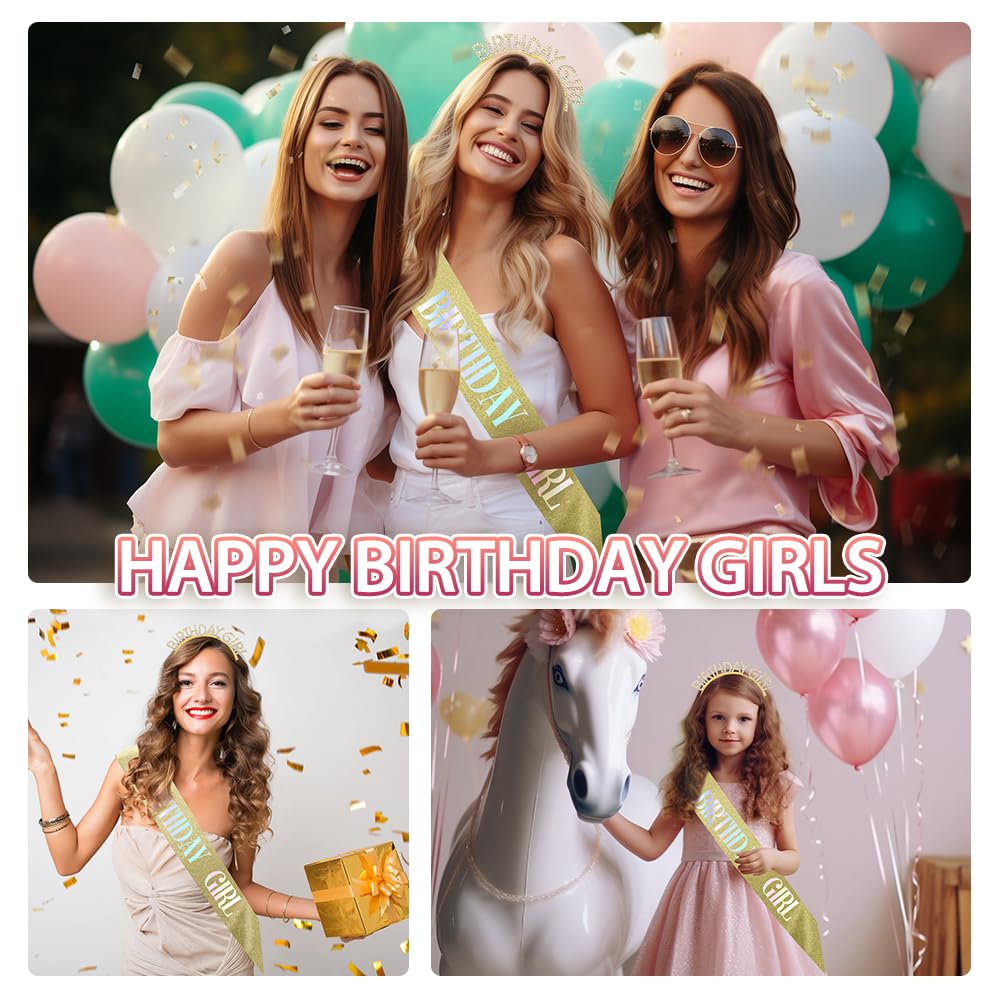 Women's Birthday Girl Sash and Crown Set: Glitter Gold Yellow Rhinestone Headband, Happy Princess Tiara Accessories