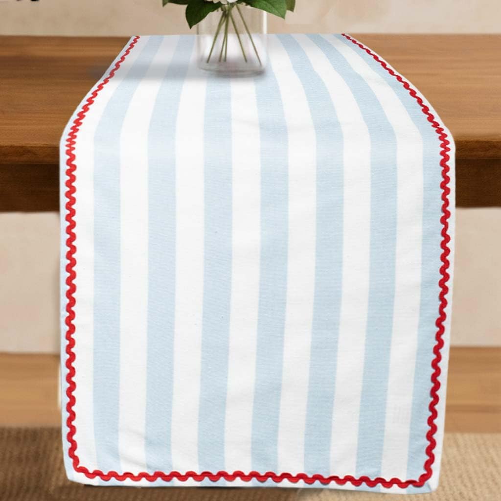 Folkulture Table Runner|Rick Rack Embroidered Party Table Runner for Home Decor-108 Inches Long|100% Cotton Thanksgiving Decor|Christmas Decor for Table|Sky Blue & Red|Wash Friendly