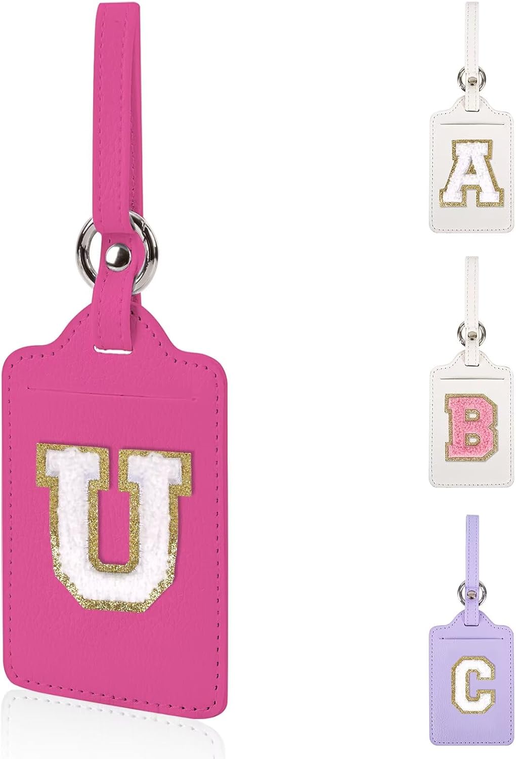 Personalized Initial Luggage Tags for Suitcases, Leather Chenille Letter Cute Luggage Tags with Privacy Name Card, Embroidered Travel Bag Backpack Tags Gifts for Women Kids Girls Teens(Rosered-U)