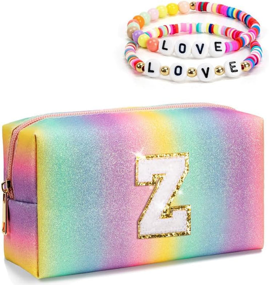 Birthday Gifts for Girls Teen Girls, Travel Makeup Bag with Zipper, Chenille Letter Pouch Cosmetic Bag, Makeup Travel Organizer, Monogrammed Flower Girl Gifts, Cute Stuff for Kid (Medium)
