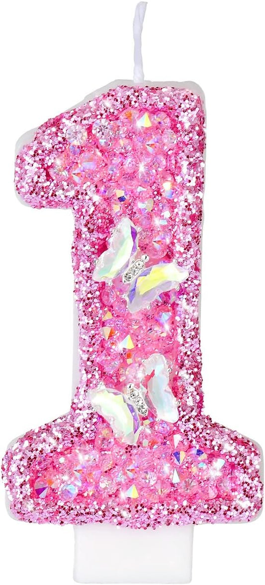 Birthday Candles, Number Candles for Birthday Cakes with Butterfly, Pink Birthday Candles Sparklers, Number 1 Candle for First Birthday, 3.2" Cake Candles for Cake Topper Decoration
