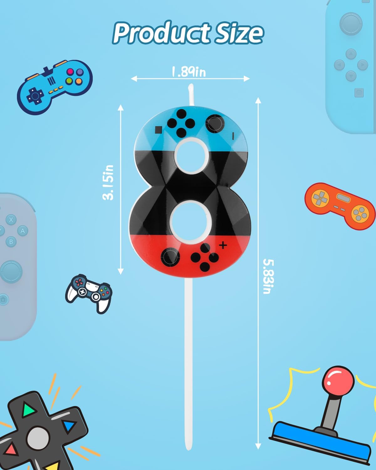 Number 8 Level Birthday Candles, 2.68 inch Gamer Candles, Red Blue Birthday Candles, Game Controller Gamepad Candles,Video Game Controller Themed Kids Boy Girl Party Supplies