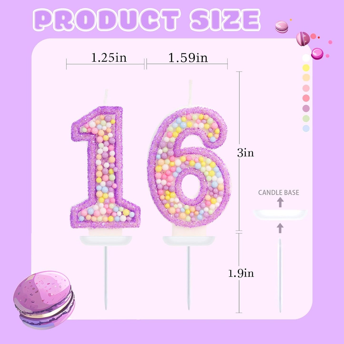 Purple Birthday Candles - Number 16 Candle, Colorful Macaron Candles, 16 Birthday Decorations for Girls, Purple Cake Decorations, Sweet Theme Party Supplies