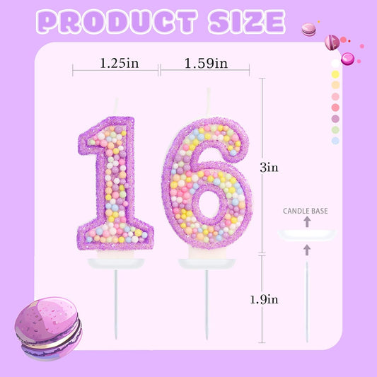 Purple Birthday Candles - Number 16 Candle, Colorful Macaron Candles, 16 Birthday Decorations for Girls, Purple Cake Decorations, Sweet Theme Party Supplies