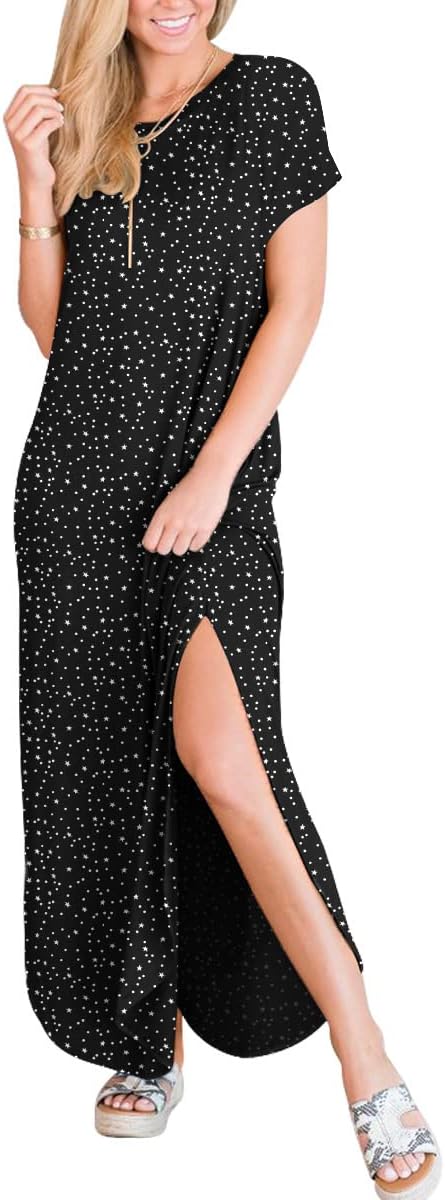 ANRABESS Womens Summer Maxi Dress Short Sleeve Casual Loose Long T Shirt Dresses Split Vacation Beach Sundress Travel Outfits