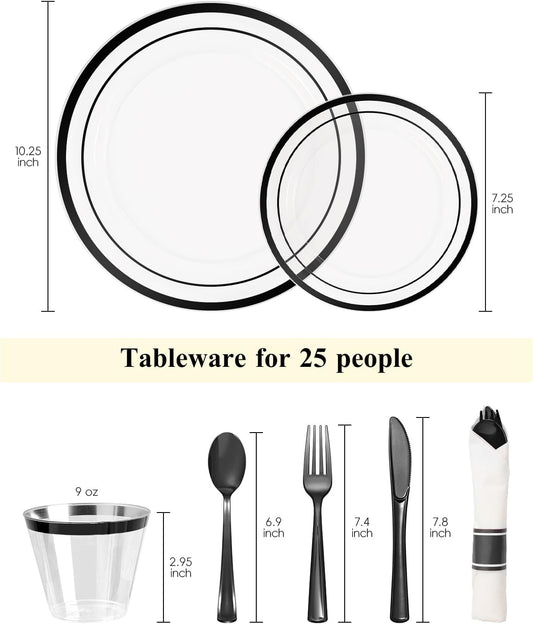 Goodluck 175 Piece Black Plastic Plates, Clear Plastic Silverware Disposable Plates Set, Include 50Plates, 25Pack Pre Rolled Napkins with Silverware, 25Cups for Party, Wedding, Graduation