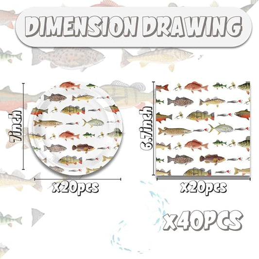 40pcs Gone Fishing Birthday Plates And Napkins Party Supplies - Fish Party Decorations Tableware, little Fisherman Fishing Birthday Baby Shower Decorations Serve 20