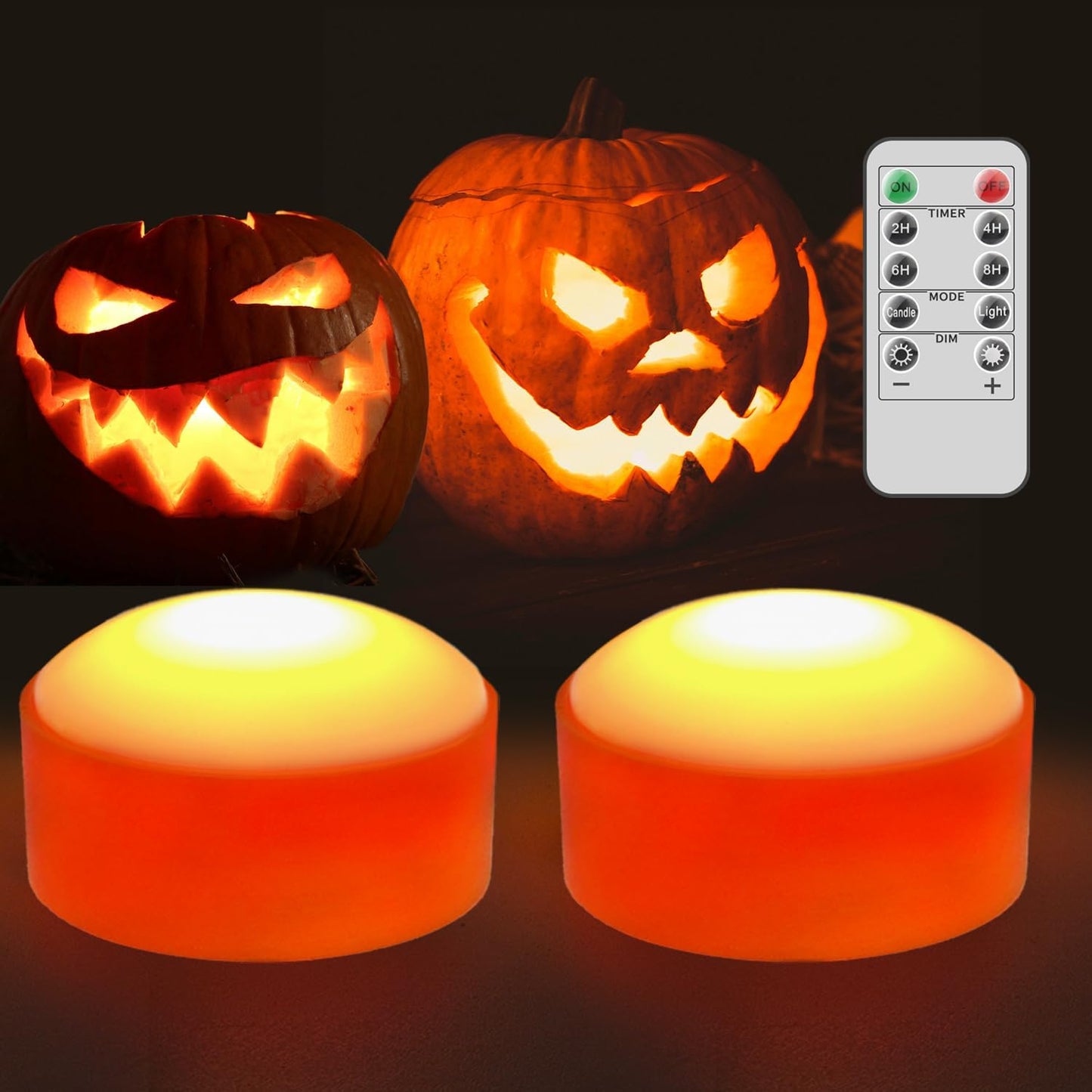 Halloween LED Pumpkin Lights, 2 Pack Battery Operated Jack-O-Lantern Lights with Remote Control and Timers, Orange Flickering Flameless Candles Ideal for Halloween Pumpkin Decorations