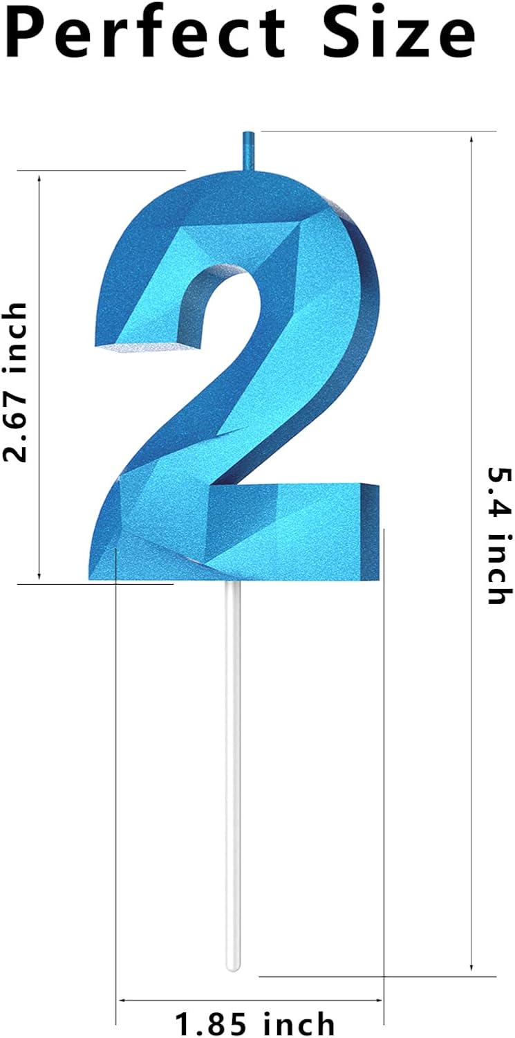 Number Birthday Candles(2 Candle Blue) 3D Diamond Shape Number Happy Birthday Cake Candles for Birthday Party Wedding Decoration Reunions Theme Party