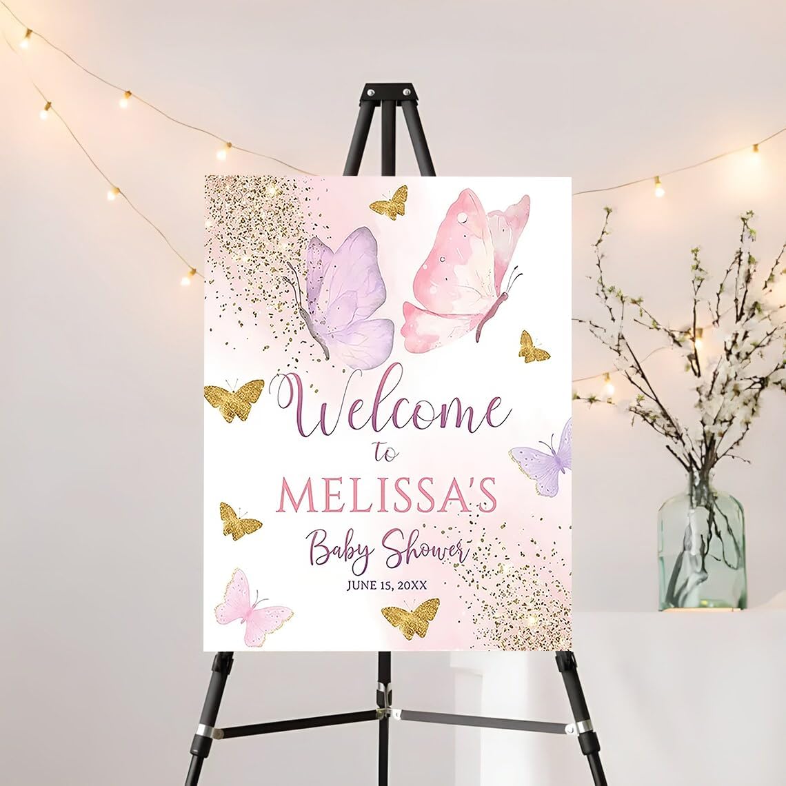 Personalized Pink Butterfly Baby Shower Welcome Sign, Baby Shower Sign, Girl Baby Shower Poster, Girl Baby Shower Decorations, Pink Gold Welcome Poster