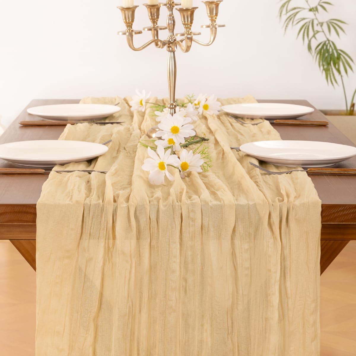 Socomi 3pcs Gold Champagne Cheesecloth Table Runner Fall Thanksgiving Boho Rustic Gauze 120 inch 10FT Cheese Cloth Runner for Wedding Party Baby Shower Birthday Home Decor Holiday Decorations