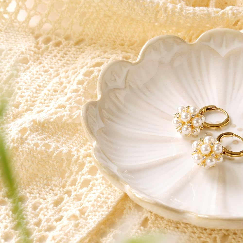Lotus Ring Holder Dish Small Indoor Ash Tray, Ceramic Dessert Plate Trinket Jewelry Holder Organizing Necklace Earrings for Parents Friends Sister, White. All Jewelries Are NOT Included.