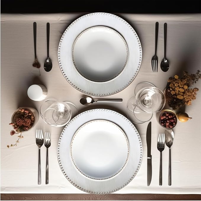 White Charger Plates with Beaded Rim, 13" Vintage Round Charger for Dinner Plates, Set of 6 Plastic Plate Chargers for Wedding Table Setting,Party Decoration.