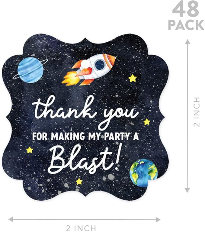 Andaz Press Fancy Frame Kids Party Favor Thank You Tags with String, 48-Pack Outer Space Astronaut Birthday Gift Tags For Gift Bags, Favor Bags Goody Bags Boys & Girls Gender-Neutral 1st Birthday Tags