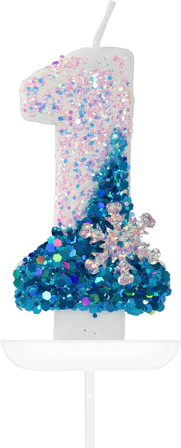 Blue White Frozen Birthday Candles, Sparkler Number 1st Birthday Candle for First Birthday Party Supplies, Snow Frozen Birthday Party Decorations, Number 1 Cake Toppers Decorations