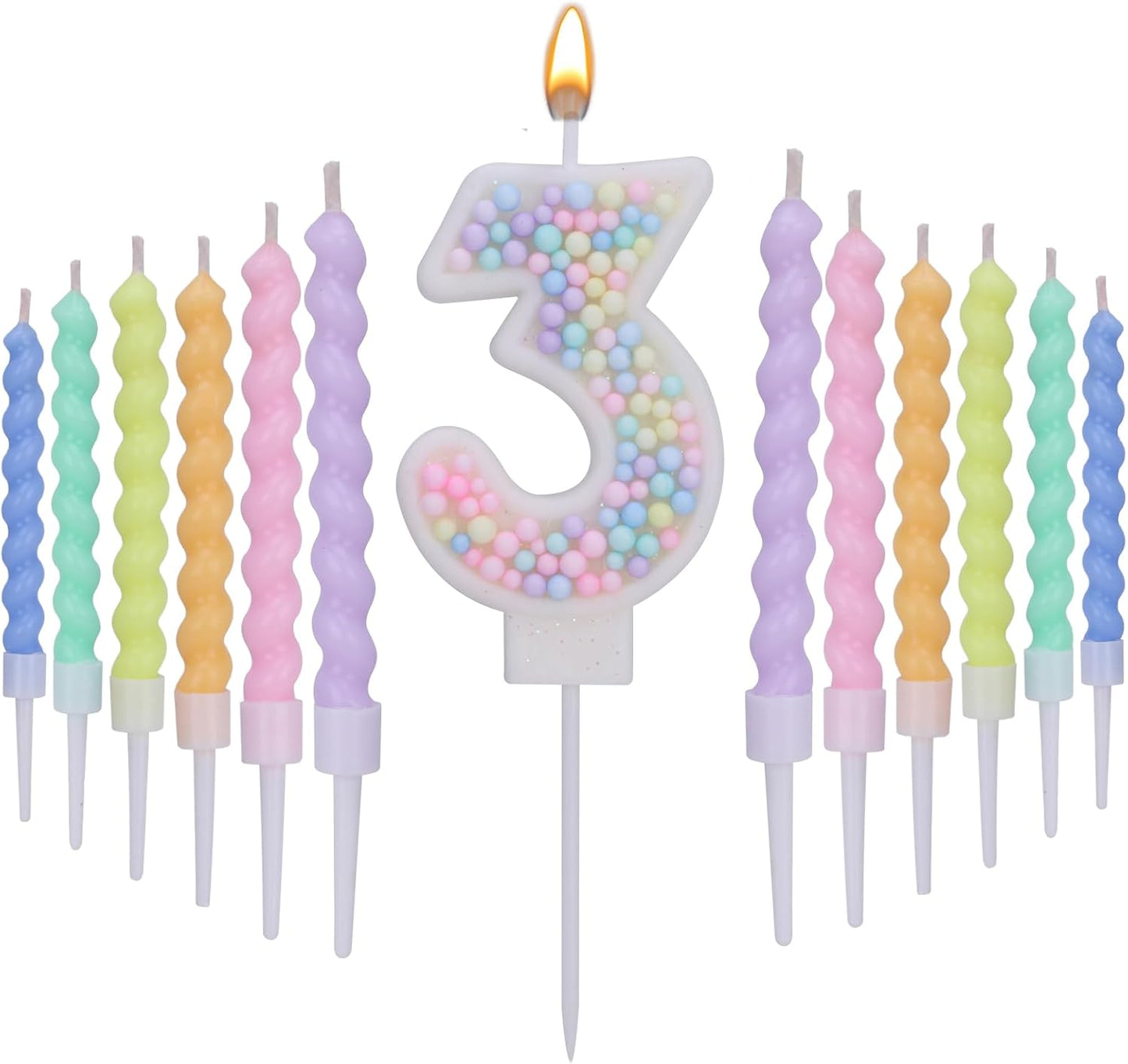 Number Birthday Candles for Cake with 12 Pieces Spiral Candles with Macaron Pastel Rainbow Pink Cake Toppers for Girls Happy Birthday Party Decorations (Number 3)