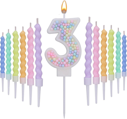 Number Birthday Candles for Cake with 12 Pieces Spiral Candles with Macaron Pastel Rainbow Pink Cake Toppers for Girls Happy Birthday Party Decorations (Number 3)