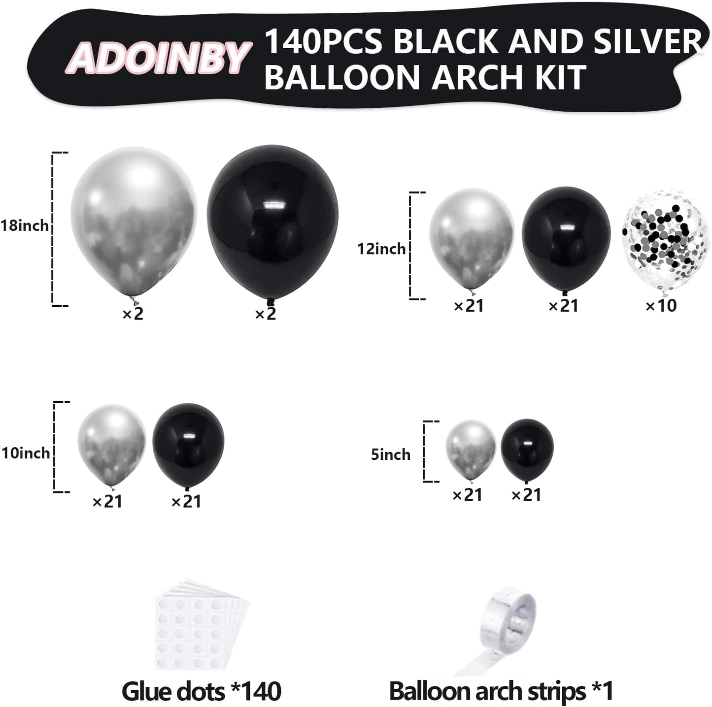 Black and Silver Balloon Arch Kit, 140Pcs Different Sizes inch Black Metallic Silver Balloons and Confetti Party Balloon Garland Kit for Birthday, Wedding, Graduation, Anniversary Decorations