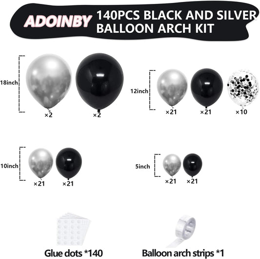 Black and Silver Balloon Arch Kit, 140Pcs Different Sizes inch Black Metallic Silver Balloons and Confetti Party Balloon Garland Kit for Birthday, Wedding, Graduation, Anniversary Decorations