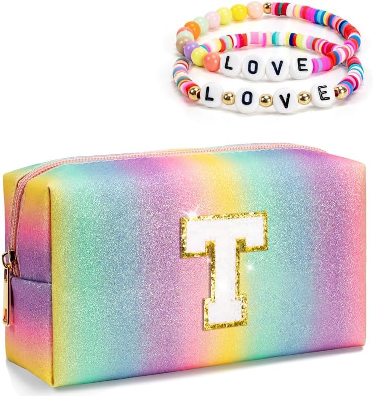 Initial Cosmetic Bag for Girls Kids Women, Preppy Makeup Bag with Zipper, Monogrammed Birthday Gifts for Preteens Teens, Cute Things for Daughter Granddaughter Friends Sister Neighbor (Large)