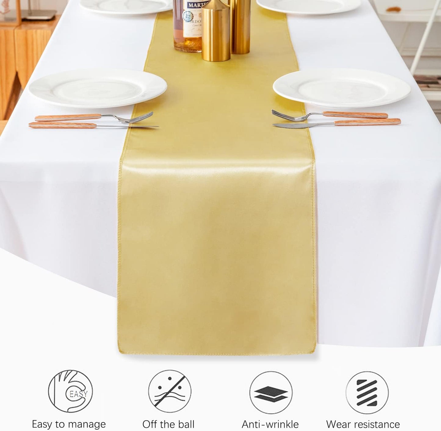 10 Pack Satin Table Runner 12 X 108 Inch Silk Table Runner for Party,Wedding, Birthday, Banquets,Decoration(Light Gold)