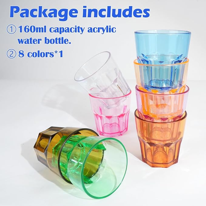 Plastic Drinking Glasses Set of 8, Unbreakable Coloured Water Tumbler, Acrylic Plastic Cups, Reusable Kids Drinking Cups for Children Kitchen Picnic Party Juice Whiskey Wine (8pc-8color-160ml/5.4oz)