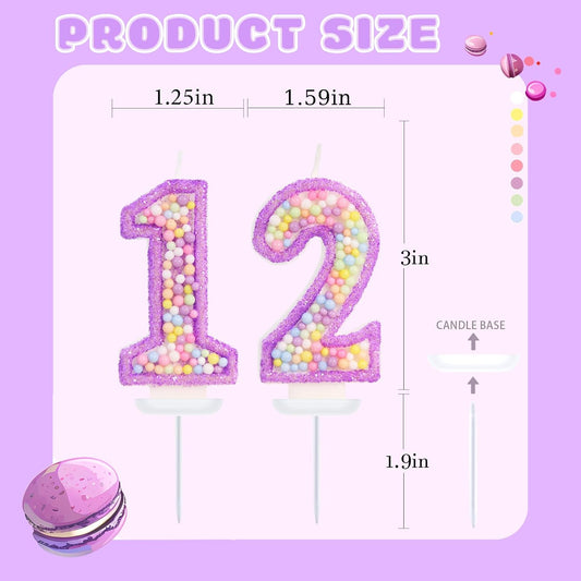 Purple Birthday Candles - Number 12 Candle, Colorful Macaron Candles, 12 Birthday Decorations for Girls, Purple Cake Decorations, Theme Party Supplies