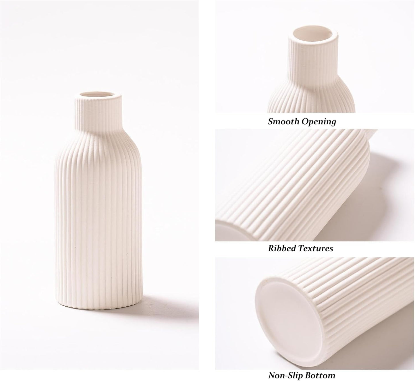 White Ceramic Vase Set of 3, Modern Minimalist Ribbed Small Flower Vase Table Centerpiece Decorative for Home Decor Farmhouse Christmas