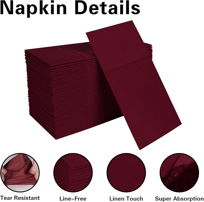Dark Burgundy Napkins Hand Towels Disposable, Linen-Feel Dinner Napkins with Prefolded Built-in Flatware Pocket, Guest Paper Hand Towels For Wedding, Dinner Or Party (16x16in, 50Pack）