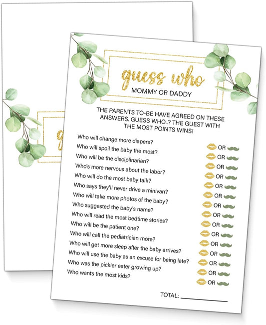 Guess Who Mommy or Daddy Baby Shower Games - 20 Double-Sided Greenery Guess Who Game Cards - Baby Shower Games for Girl or Boy - Gender Neutral