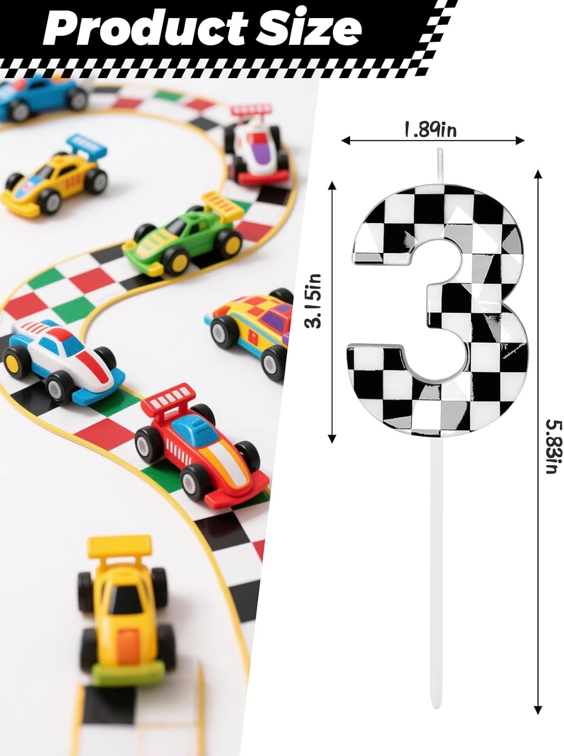 Number 3 Racing Cars Birthday Candles,2.68 Inch Black White Checkered Birthday Number Candles, Cool Racing Themed Number Candles for Boys and Girls, Kids Race Car Themed Party Decorations Supplies