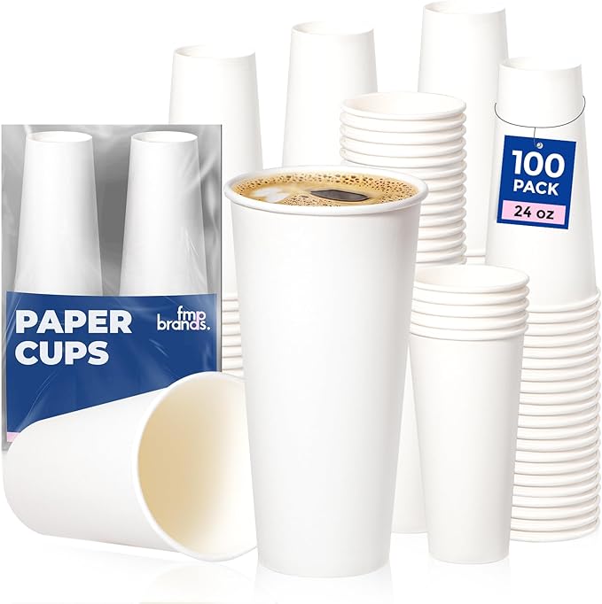 Fit Meal Prep 100 Pack 24 oz Disposable Paper Coffee Cups, Premium Hot Cups for Hot/Cold Beverage, Durable Thickened White Paper Cup Bulk for Party, Office, Bussines, Cafes, Bistros, Daily Use