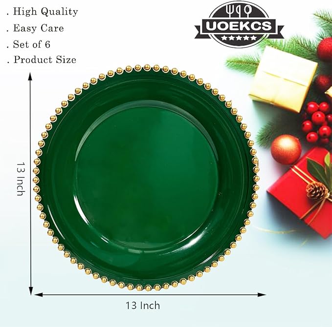 Green Charger Plates, 13 Inch Plastic Beaded Chargers for Dinner Plates, Party, Wedding, Birthday. Table Setting, (Set of 6)