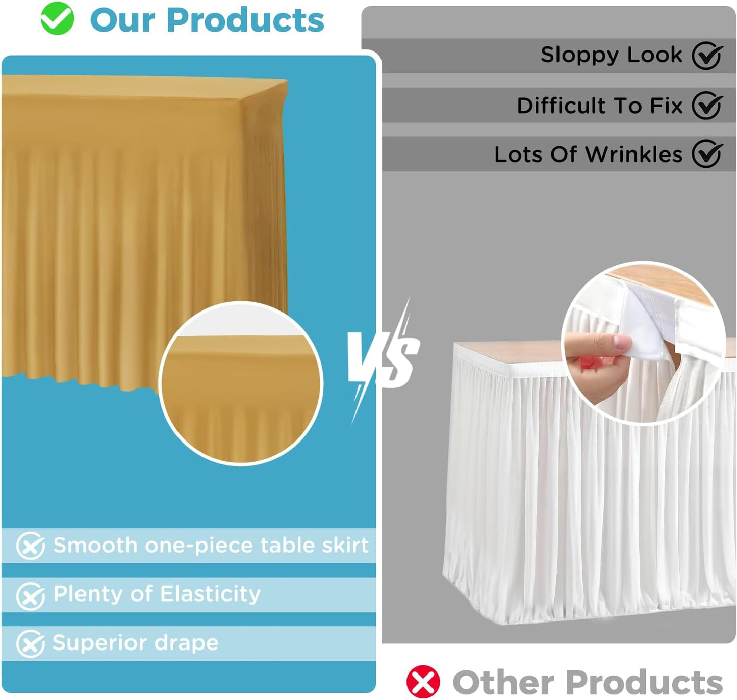 Table Skirts for 8ft Rectangle Tables - 1PCS Champagne Table Covers for 8 Foot Tables, Wrinkle Resistant Ruffles Elastic Table Cloths and Table Skirt for Banquets/Weddings/Parties/Birthday