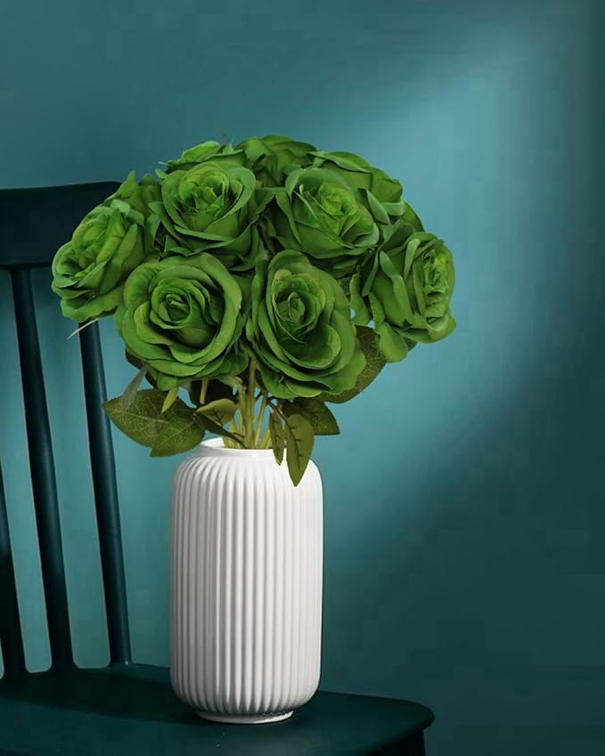 Artificial Green Roses Flowers, 12 Pcs Fake Rose in Bulk, Long Stem Realistic Silk Roses Bouquet for Spring Home Decor, St. Patrick's Day, Party Centerpieces, Flower Arrangement (Dark Green, 12-PCS)